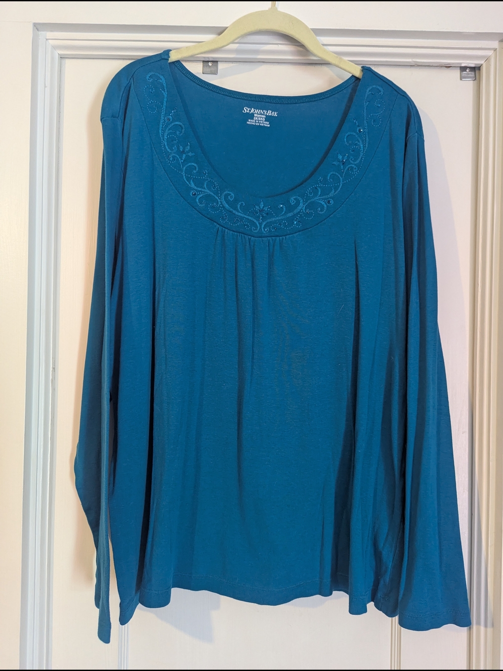 St. John's Bay Teal Long Sleeve Scoop Neck Top with Embellished Yoke